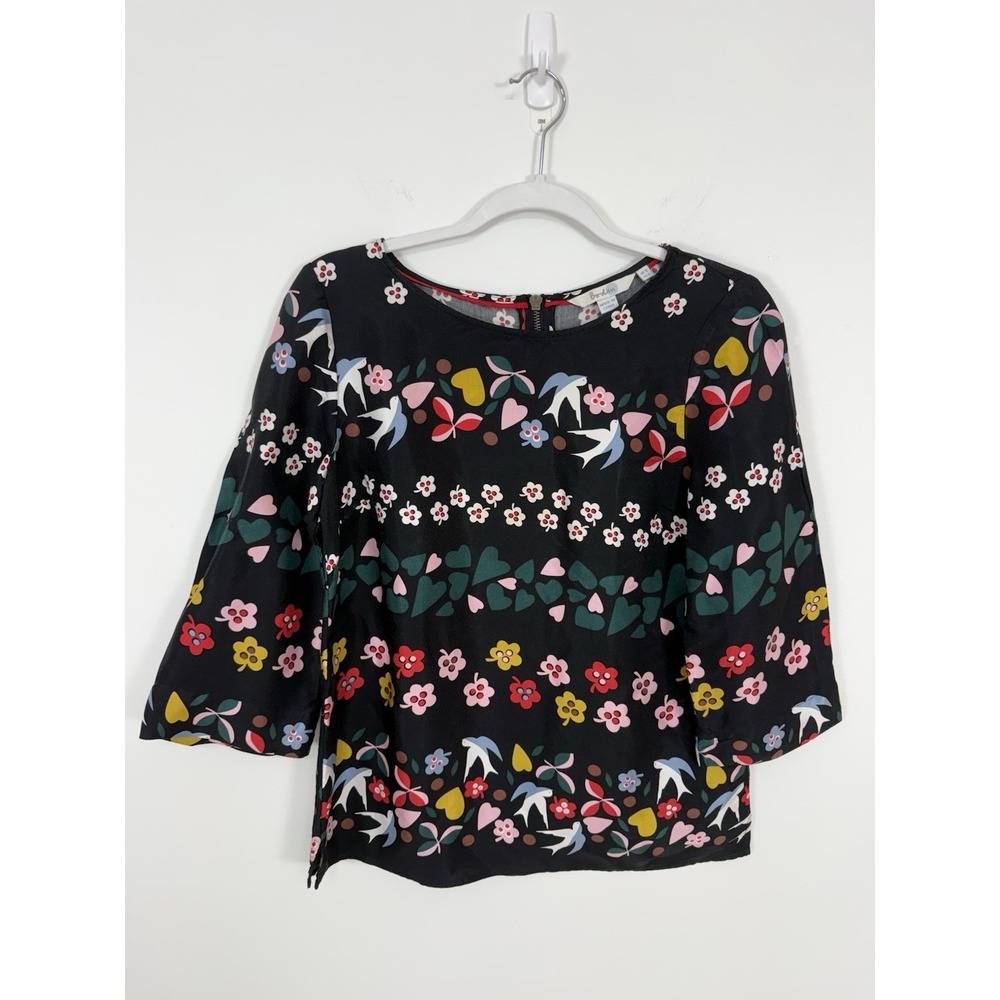 Boden Aria Folklore 3/4 Sleeve Vibrant Black Floral Bird Cottagecore Blouse Sz 6